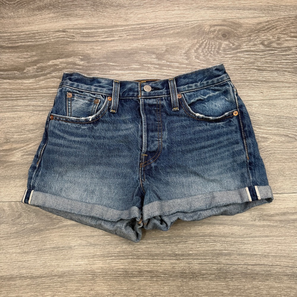 Levis Selvedge Jean Shorts Womens 26 Blue Faded Button Fly Distressed Rolled 90s